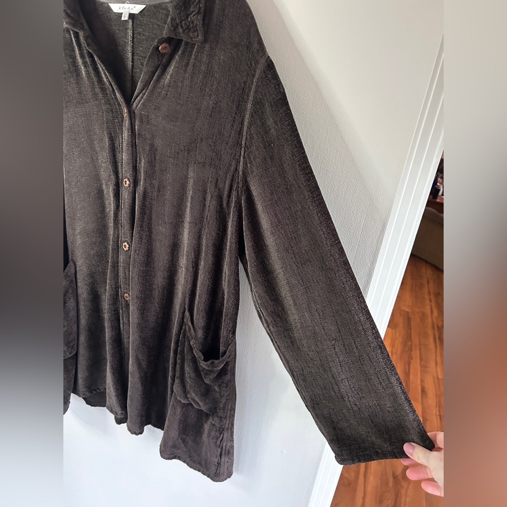 KLEEN Brown Slub Knit Button Up Tunic Shacket Lagenlook Earthy Goblin Boho Large - Picture 6 of 11